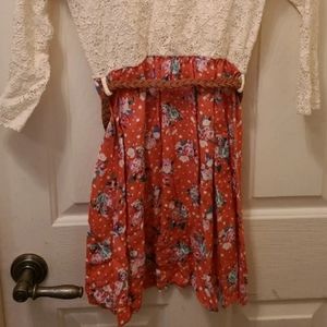CHARLOTTE RUSSE WHITE LACE/ ORANGE POLKADOT FLORAL BELTED DRESS SIZE SMALL